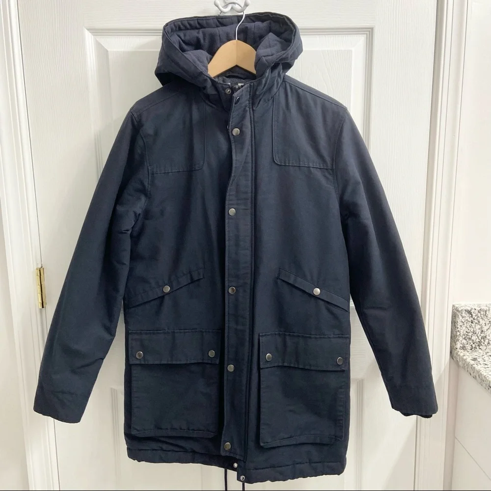 Topman Navy Blue Heavyweight Fishtail Parka Coat Men’s Small Zip Up Hood